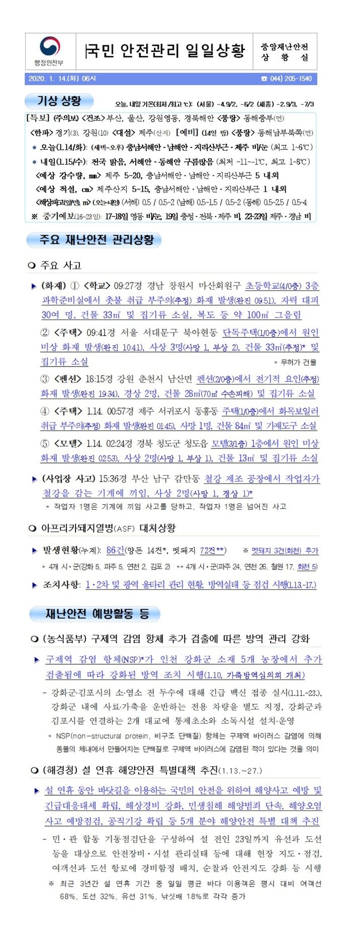 국민안전관리 일일상황 [2020년 1월 14일]