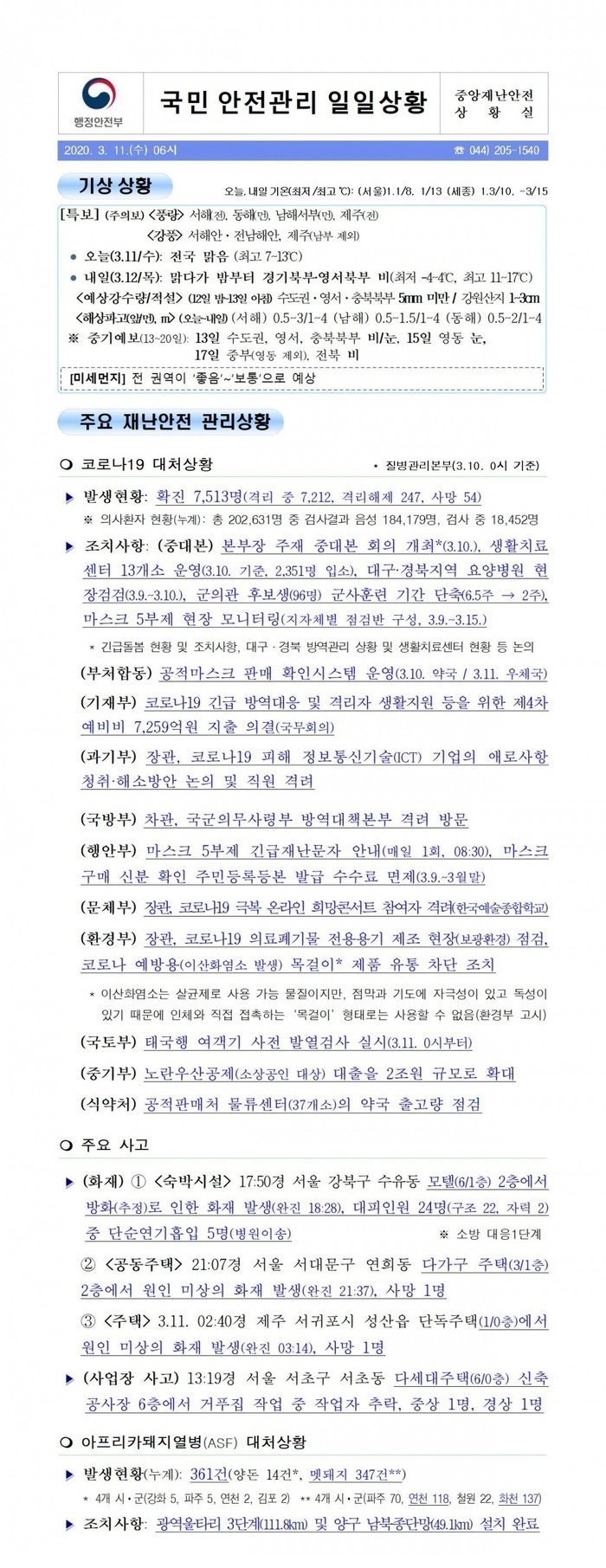 국민안전관리 일일상황 [2020년 3월 11일]