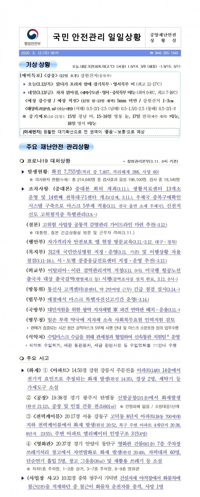 국민안전관리 일일상황 [2020년 3월 12일]
