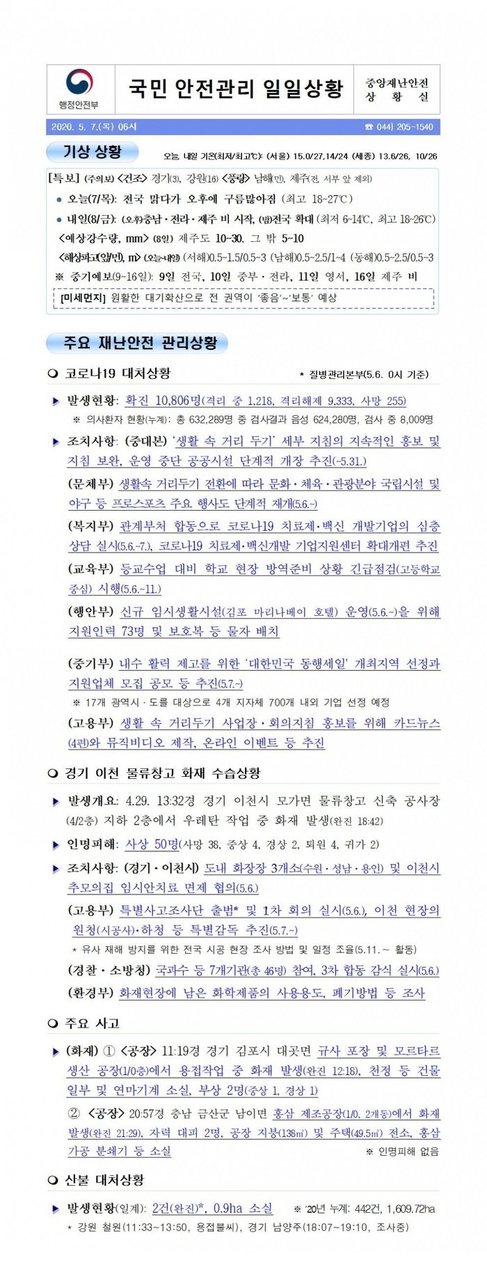 국민안전관리 일일상황 [2020년 5월 7일]