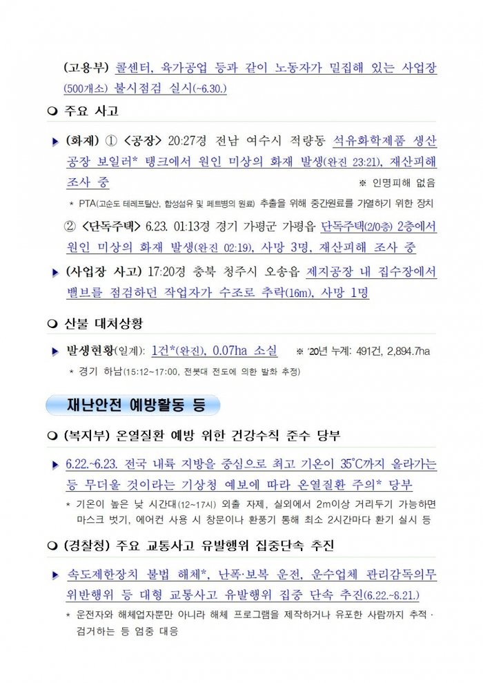[국민안전관리 일일상황-2020] 6월 23일 ]
