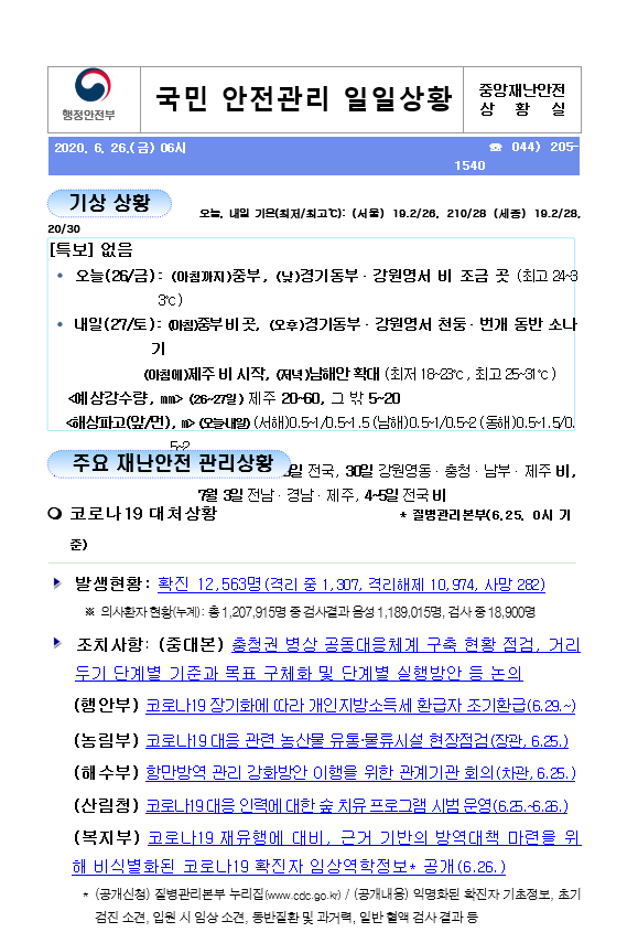 6월 26일 [국민안전관리 일일상황-2020]