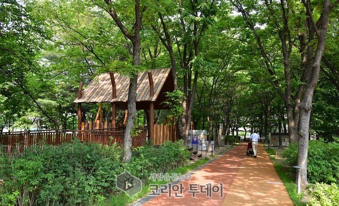[코리안투데이] 새롭게 조성한 숲속 놀이터를 지나고 있는 주민 ©우정희 기자
