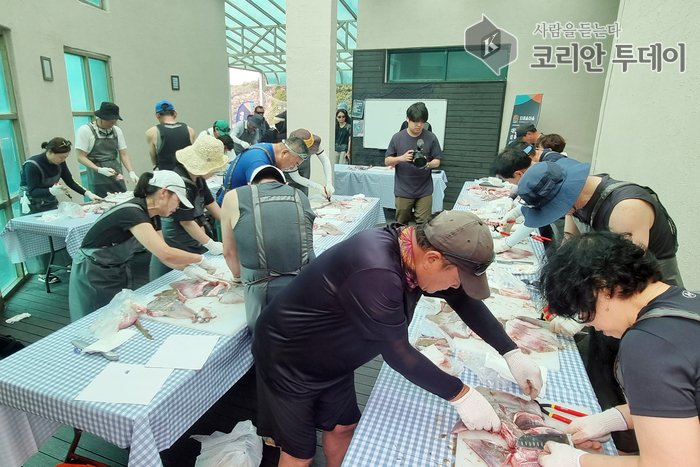 [코리안투데이] 홍어회뜨기 체험중인 시민들 © 김미희 기자