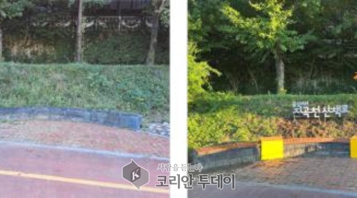 [코리안투데이] 기흥구 보라동이 지곡천 산책로 환경개선을 위해 디자인벤치와 간판조명 시설을 확충했다. 사진은 시설 설치 전(왼쪽)과 설치 후(오른쪽) 모습. © 김나연 기자