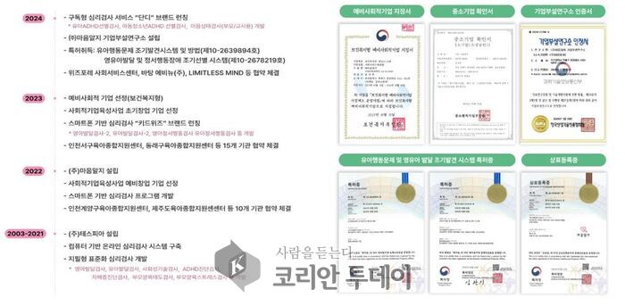 [코리안투데이] 마음알지(주) 연혁 및 특허증 © 권수진 기자