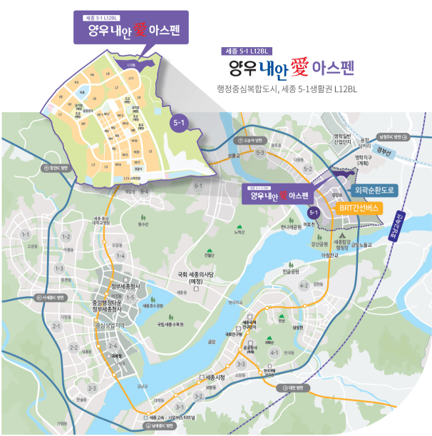 [코리안투데이] 세종시 5-1생활권 세종양우내안에아스펜 위치도 © 이윤주 기자