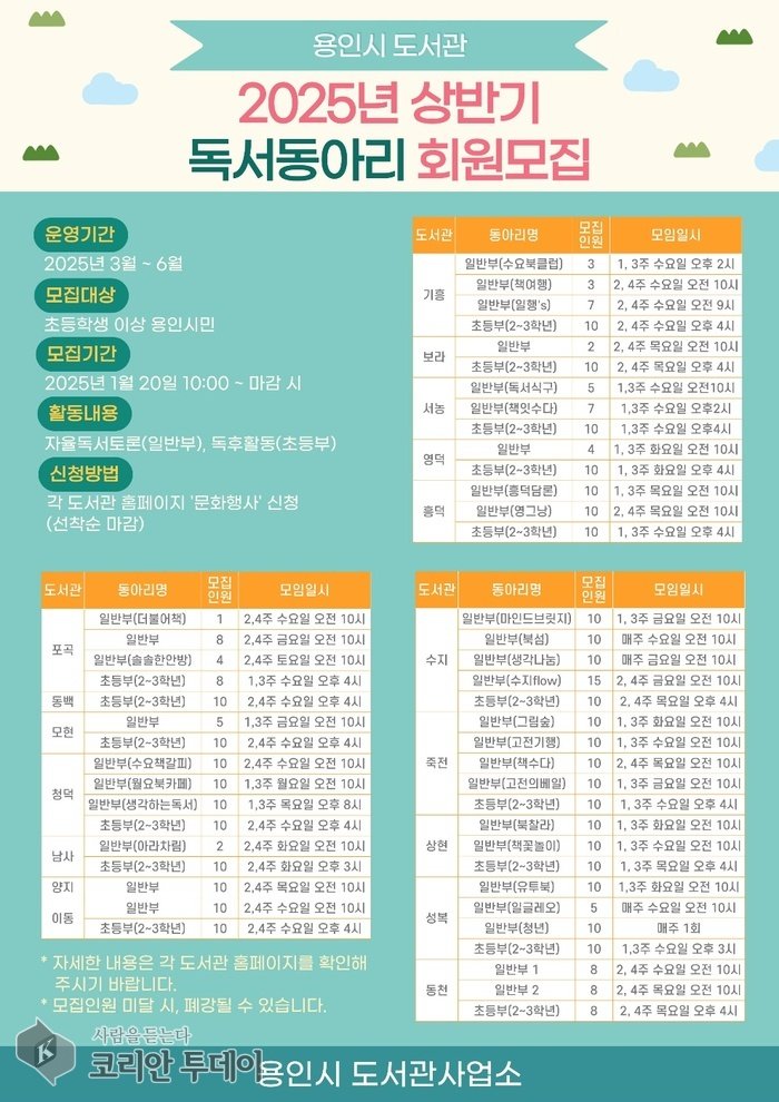 [코리안투데이] 용인특례시 2025년 상반기 독서동아리 회원모집 포스터 © 김나연 기자