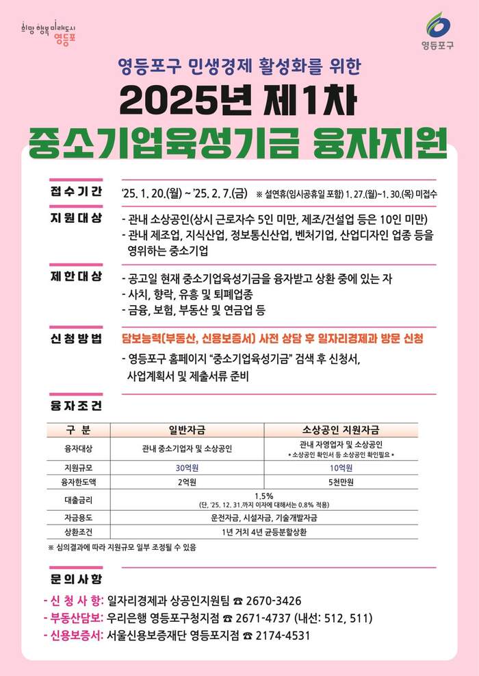 [코리안투데이] 2025년 제1차 영등포구 중소기업육성기금 융자지원 안내문