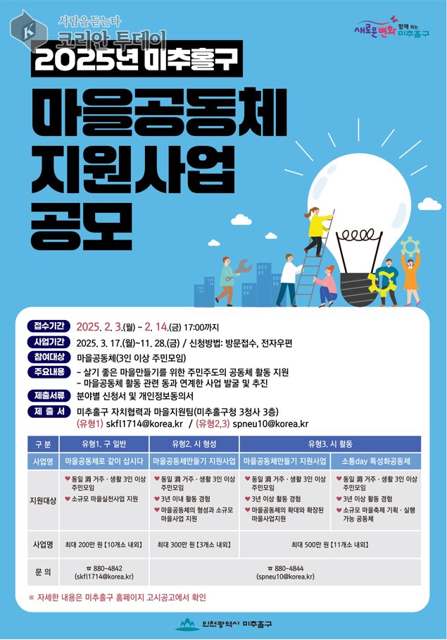 [코리안투데이] ‘2025년 마을공동체 지원사업’ 참여 공동체 모집 포스터 © 김미희 기자