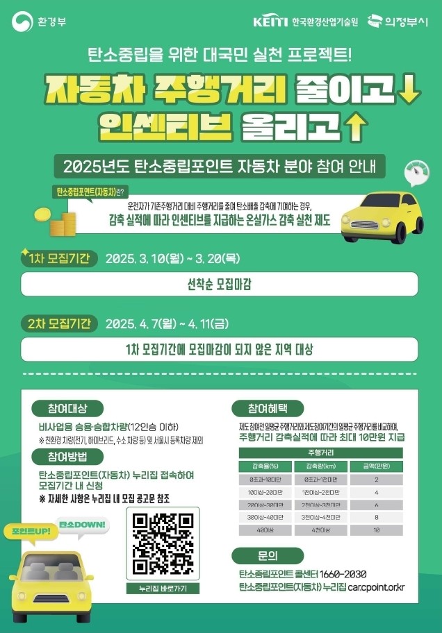 [코리안투데이] 의정부시 탄소중립포인트제 자동차 분야 참여자를 모집하는 홍보 포스터. © 강은영 기자