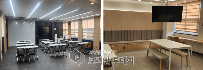 [코리안투데이] 경일중학교 진로진학카페(왼쪽사진)와 전자칠판(오른쪽사진)설치한 모습©손현주 기자