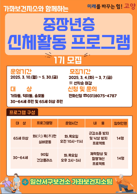 [코리안투데이] 고양시 가좌보건지소, 중장년층 신체활동 프로그램 참여자 모집 © 지승주 기자