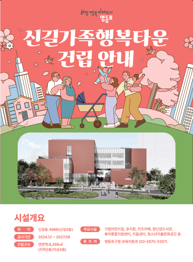 [코리안투데이] 신길 가족행복 타운 건립 안내 포스터(위)와 투시도(아래). 제공=영등포구