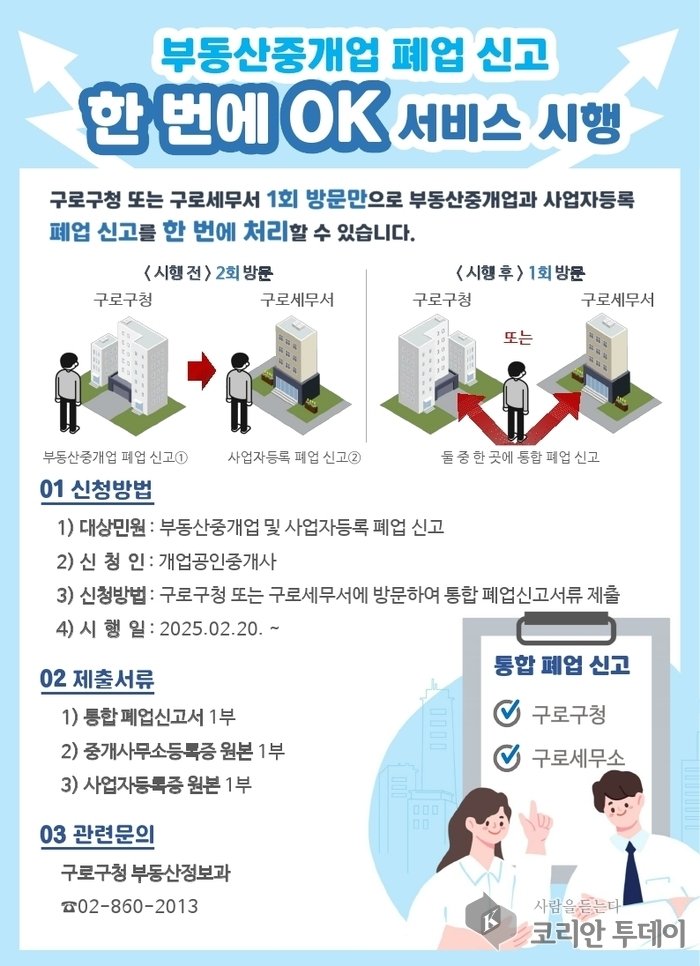 [코리안투데이] 사진 구로구 언론팀 제공 사진 ‘부동산중개업 폐업신고 한 번에 오케이(OK) 서비스’ 안내문 © 박수진 기자