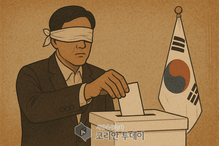 [코리안투데이] 눈을 가린 채 투표하는 유권자 © 임승탁 기자