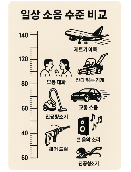 [코리안투데이] 일상생활 소음 레벨 비교 차트 - 정상 대화(60dB)부터 제트기 이륙(140dB)까지© 지승주 기자