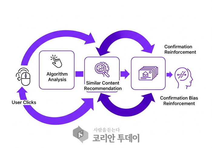 [이미지] 소셜미디어 알고리즘이 작송하는 방식을 보여주는 플로우 차트 © 이선영 칼럼니스트