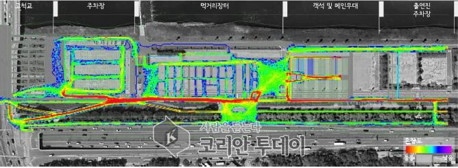 [코리안투데이] (사진) '안양천 축제 구간'을 대상으로 실시한 다중인파 안전관리 시뮬레이션 결과를 시각화한 모습 © 박수진 기자