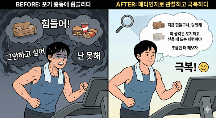 [이미지] 운동 메타인지 포기 충동에 휩쓸리는 모습 vs 메타인지로 관찰하고 극복하는 모습 ©이선영 칼럼니스트