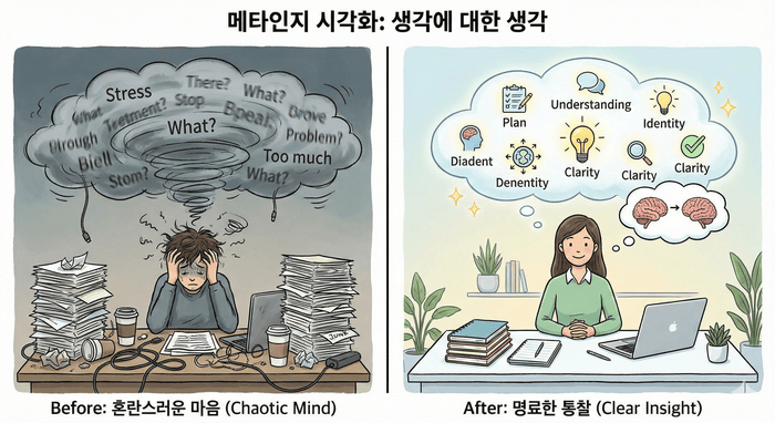 [이미지: Before/After 비교 일러스트 - 왼쪽: 어지러운 책상과 흐려진 생각 구름, 오른쪽: 정리된 책상과 맑은 생각 구름. 메타인지 개념 시각화] © 이선영칼럼니스트