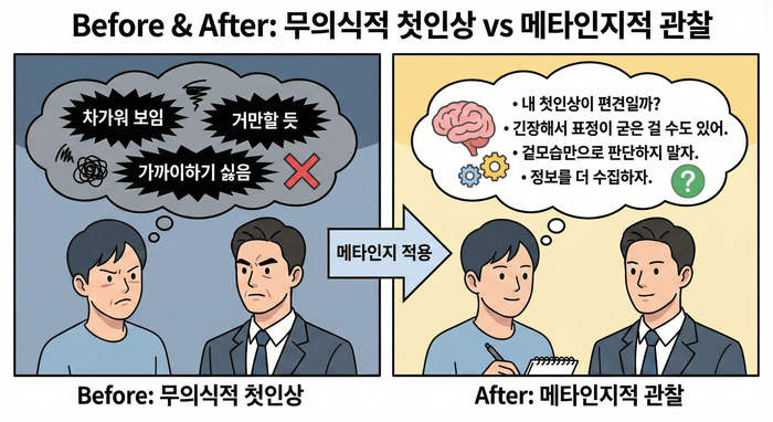 [이미지: Before/After 비교 일러스트 - 무의식적 첫인상 vs 메타인지적 관찰의 차이] © 이선영 칼럼니스트
