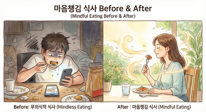 [이미지: Mindful Eating Before/After 비교 일러스트. 왼쪽은 스마트폰 보며 빨리 먹는 모습(무의식), 오른쪽은 천천히 음식을 음미하는 모습(메타인지) © 이선영 칼럼니스트