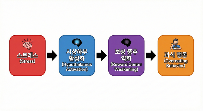 [이미지: 감정적 식사의 뇌 메커니즘 플로우차트. 스트레스 → 시상하부 활성화 → 보상 중추 약화 → 과식 행동으로 이어지는 과정을 보라색 화살표로 표현한 순서도] © 이선영 칼럼니스트