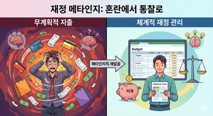 [이미지: Before/After 재정 메타인지 - 왼쪽은 혼란스러운 지출(쇼핑백, 카드, 영수증이 날아다님), 오른쪽은 정리된 재정(체계적인 예산표, 저금통, 미소 짓는 사람) © 이선영 칼럼니스트