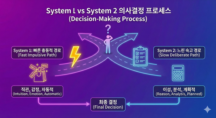 [이미지: System 1 vs System 2 의사결정 프로세스 - 갈림길에 선 사람, 왼쪽은 빠른 충동적 경로(번개 기호, 쇼핑백), 오른쪽은 느린 숙고 경로(체크리스트, 계산기), 플로우차트 ] © 이선영 칼럼니스트