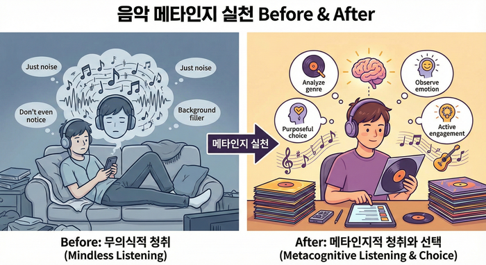 [이미지: 음악 메타인지 실천의 Before/After - 왼쪽은 무의식적으로 음악을 듣는 모습, 오른쪽은 의도적으로 음악을 선택하며 자기인식하는 모습을 대비한 일러스트 © 이선영 칼럼니스트