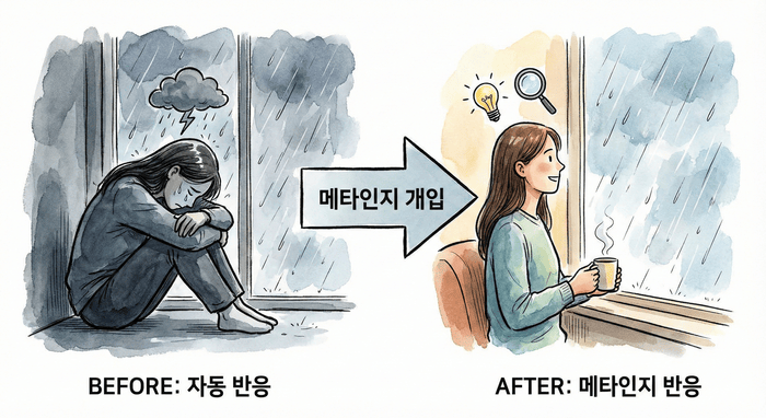 [이미지: Before/After 비교 일러스트 - 왼쪽은 비 오는 날 우울해하는 사람(자동 반응), 오른쪽은 비를 관찰하며 미소 짓는 사람(메타인지 반응) © 이선영 칼럼니스트