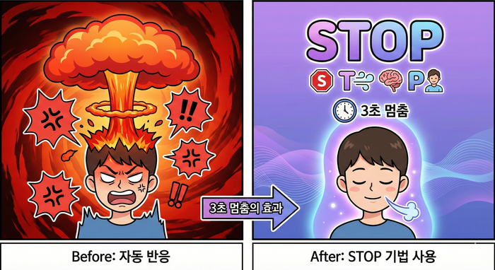 [이미지: Before/After 비교 일러스트 - 왼쪽: 자동 반응하는 사람 , 오른쪽: STOP 기법을 사용하는 사람 . 3초 멈춤의 효과를 시각적으로 대비] @이선영 칼럼니스트