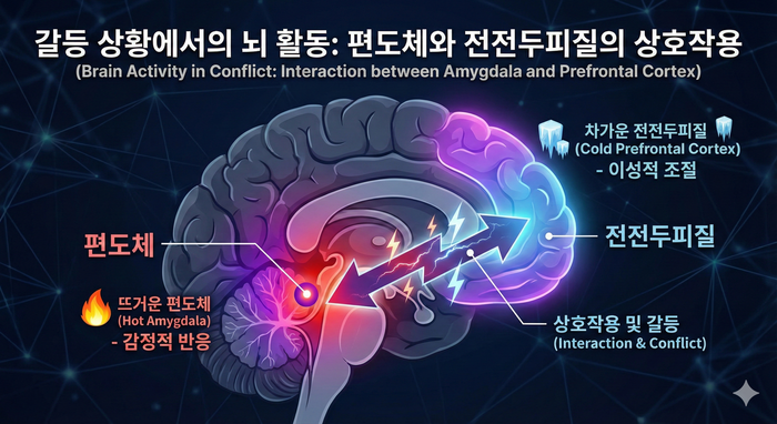 [이미지: 갈등 상황에서의 뇌 활동 - 편도체와 전전두피질의 상호작용을 보여주는 인포그래픽] © 이선영 칼럼니스트