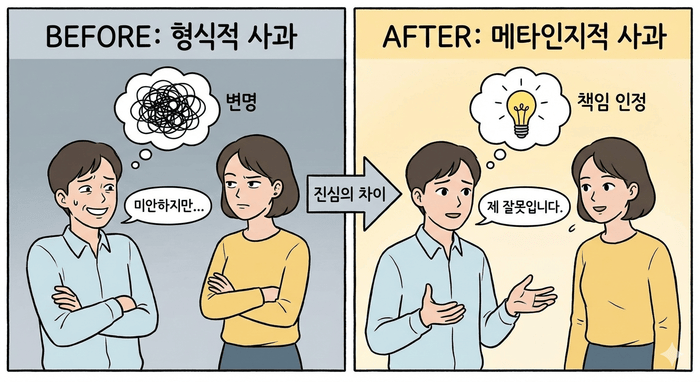 [이미지: Before/After 비교 일러스트 - 왼쪽에는 형식적 사과(어색한 표정, 변명하는 모습), 오른쪽에는 메타인지적 사과(진심 어린 눈빛, 책임 인정하는 모습)] © 이선영 칼럼니스트