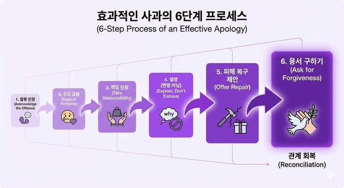 [이미지: 효과적인 사과의 6단계 프로세스를 보여주는 플로우차트] © 이선영 칼럼니스트