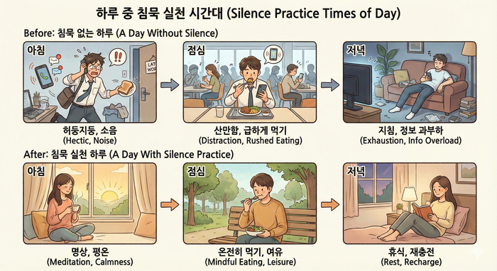 [이미지:하루 중 침묵 실천 시간대 타임라인 - 아침/점심/저녁으로 구분된 Before/After 비교] © 이선영 칼럼니스트