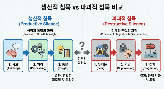 [이미지 2: 생산적 침묵 vs 파괴적 침묵 비교 플로우차트 - 좌측(생산적): 사고→처리→통찰 / 우측(파괴적): 두려움→억압→정체] © 이선영 칼럼니스트