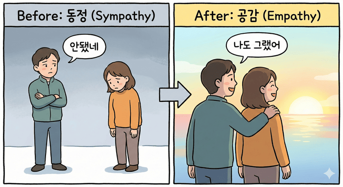 [이미지: Before/After 비교 일러스트 - 왼쪽(동정): 거리를 두고 바라보는 두 사람, 말풍선 "안됐네". 오른쪽(공감): 나란히 같은 방향을 보는 두 사람, 말풍선 "나도 그랬어"] © 이선영 칼럼니스트