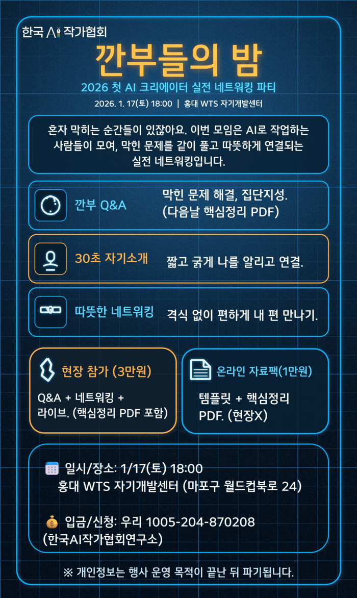 [코리안투데이] 한국AI작가협회, 2026년 첫 네트워킹 파티 ‘깐부들의 밤’ 1월 17일 홍대서 개최 © 지승주 기자
