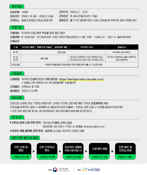 [코리안투데이] 2026 국가유산 산업 인턴 공개모집 안내 © 이선영 기자