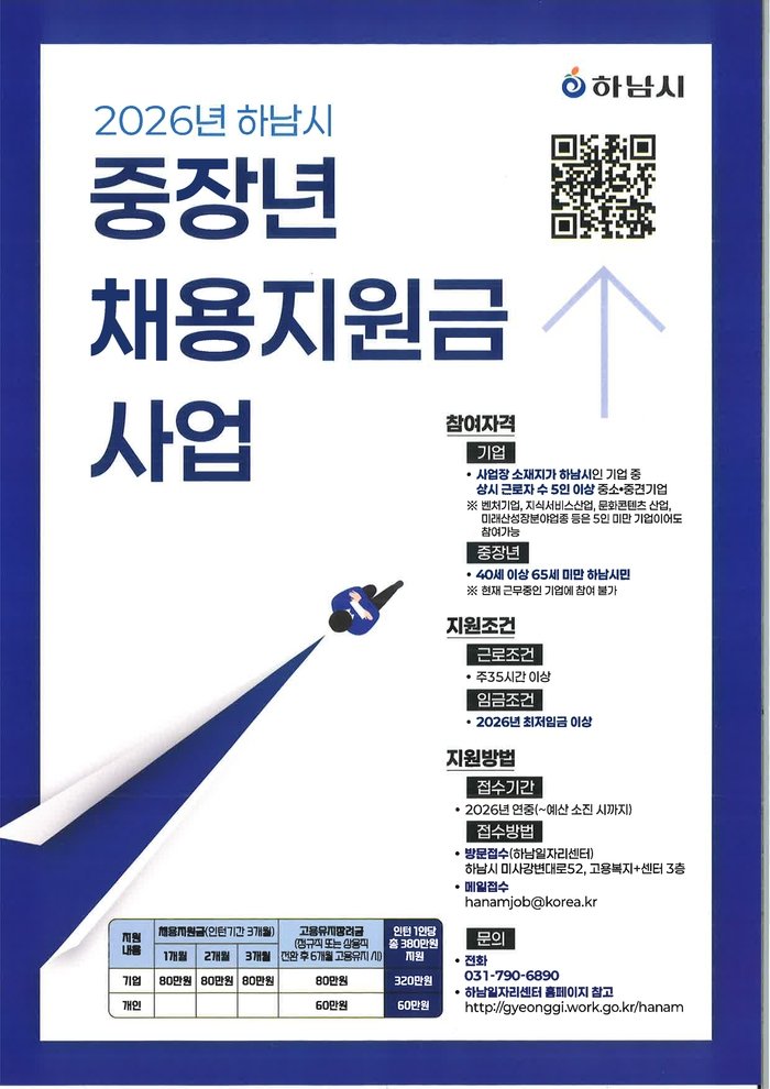[코리안투데이] 하남시, 중장년 일자리 확대 나선다…‘2026년 중장년 채용지원금 사업’ 추진 © 백창희 기자