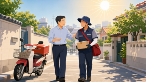 Ryu Je-myeong, vice-ministre des Sciences et des TIC, accompagne un facteur sur le terrain en pleine canicule… il appelle à recourir en temps voulu au droit de suspension du travail