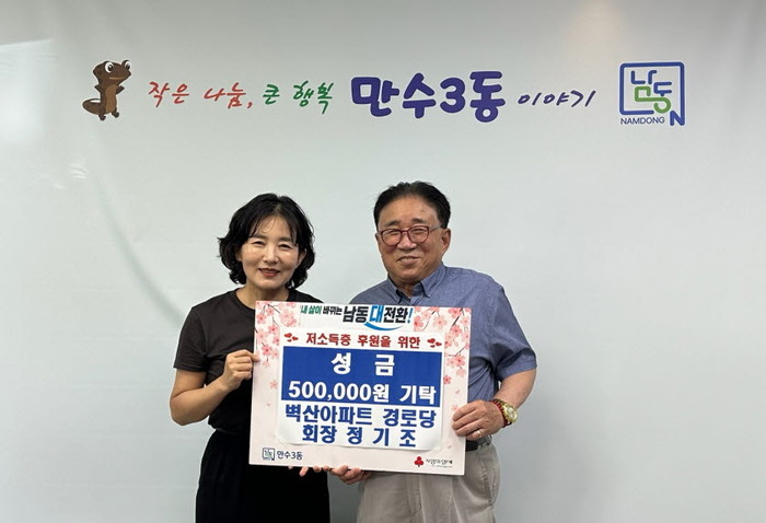 Presidente do Centro de Idosos do Condomínio Byeoksan, Jeong Gi-jo, pratica a solidariedade em Mansu 3-dong