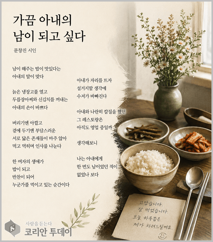[코리안투데이] 문창진 시인의 「가끔 아내의 남이 되고 싶다」 © 장시백 기자