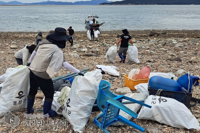 [코리안투데이] 동만도 해안에서 해양쓰레기를 수거하는 북도면 직원들 © 김미희 기자