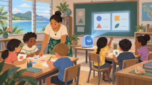 [섬에서 온 인공지능] 제1권 · 제17장 · 두 학년이 한 교실을 쓰는 섬의 학교에서 선생님의 손이 하나 더 생기는 일