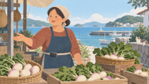 [섬에서 온 인공지능] 제2권 · 제1장 · 손짓만 하던 순무 가게 아주머니의 앞치마 주머니에 휴대폰이 들어간 날