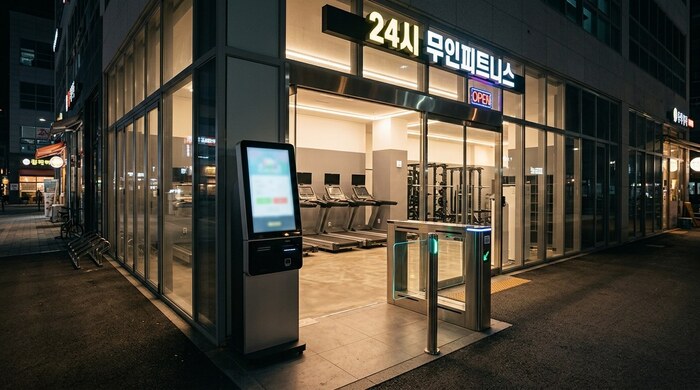 [코리안투데이] 야간 무인 헬스장 입구의 키오스크와 출입 게이트 © 송정숙 칼럼니스트