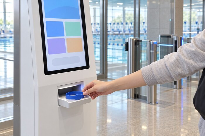 [코리안투데이] 공공체육시설 입구의 무인 락커 발급 키오스크와 RFID 밴드 © 송정숙 칼럼니스트